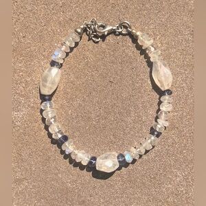 Handmade Sterling Silver Natural Moonstone Tanzanite Beaded Bracelet 7.5"-8.25"